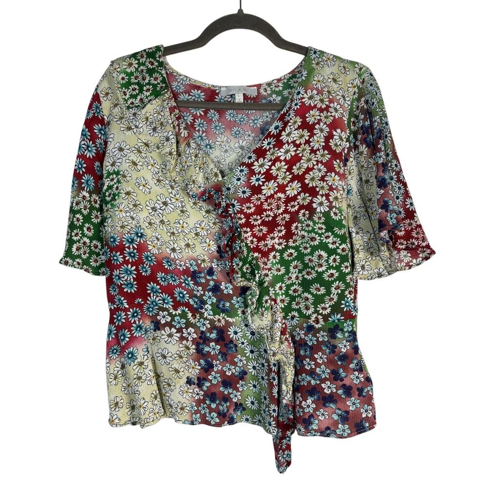 Eri + Ali Anthropologie Floral Patchwork Ruffle Wrap Blouse Top Multi Color L